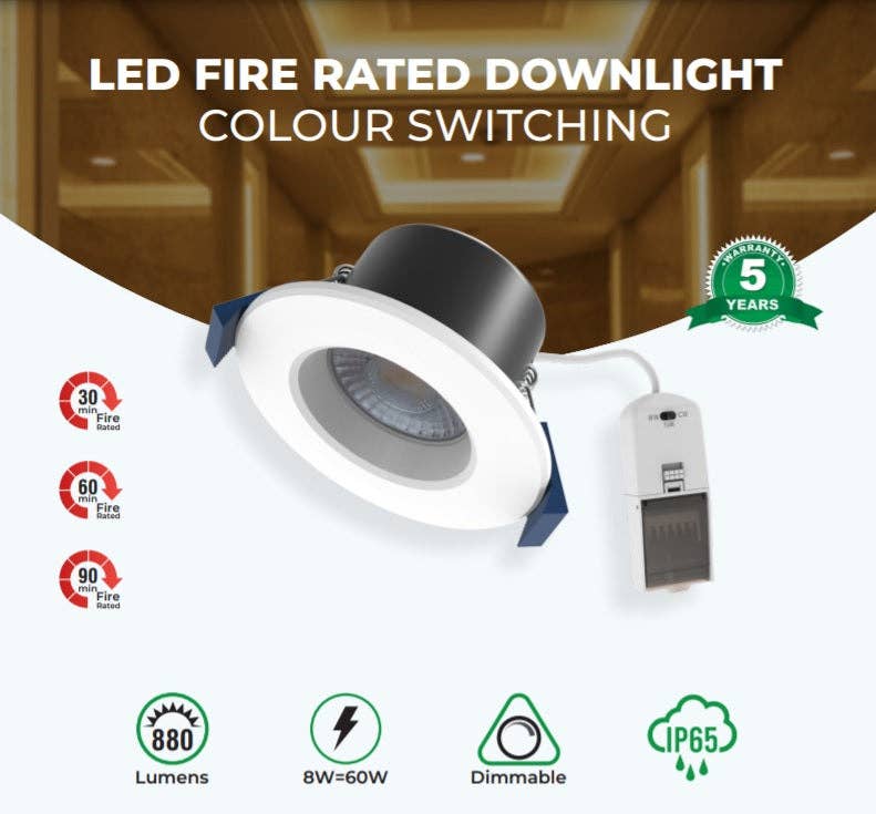 ENER-J – wholesale Chandelier/hanging light – 8W Fire Rated LED Downlight Dimmable CCT Changing IP651