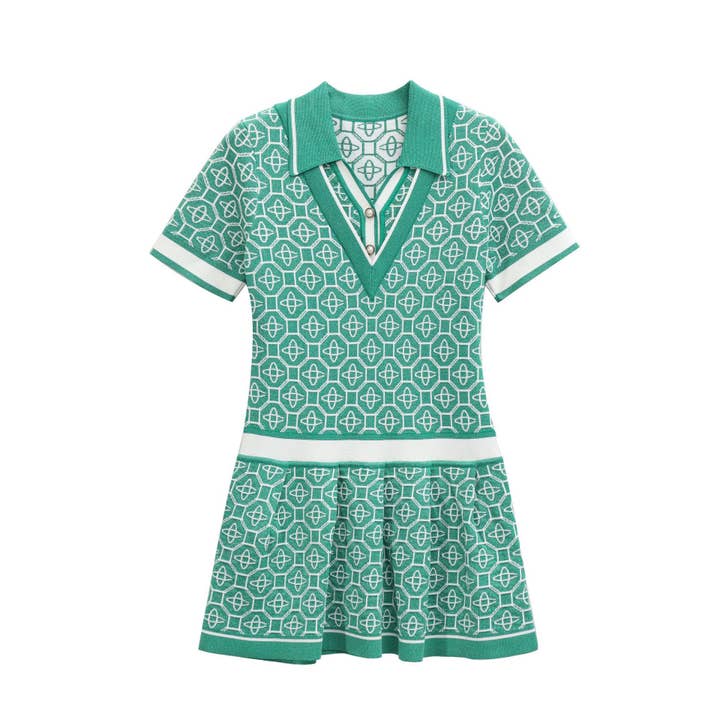 Verde Abito in Maglia 19Y con Bottoni di Perla e Finto Colletto Polo a V in vendita all'ingrosso su Faire5