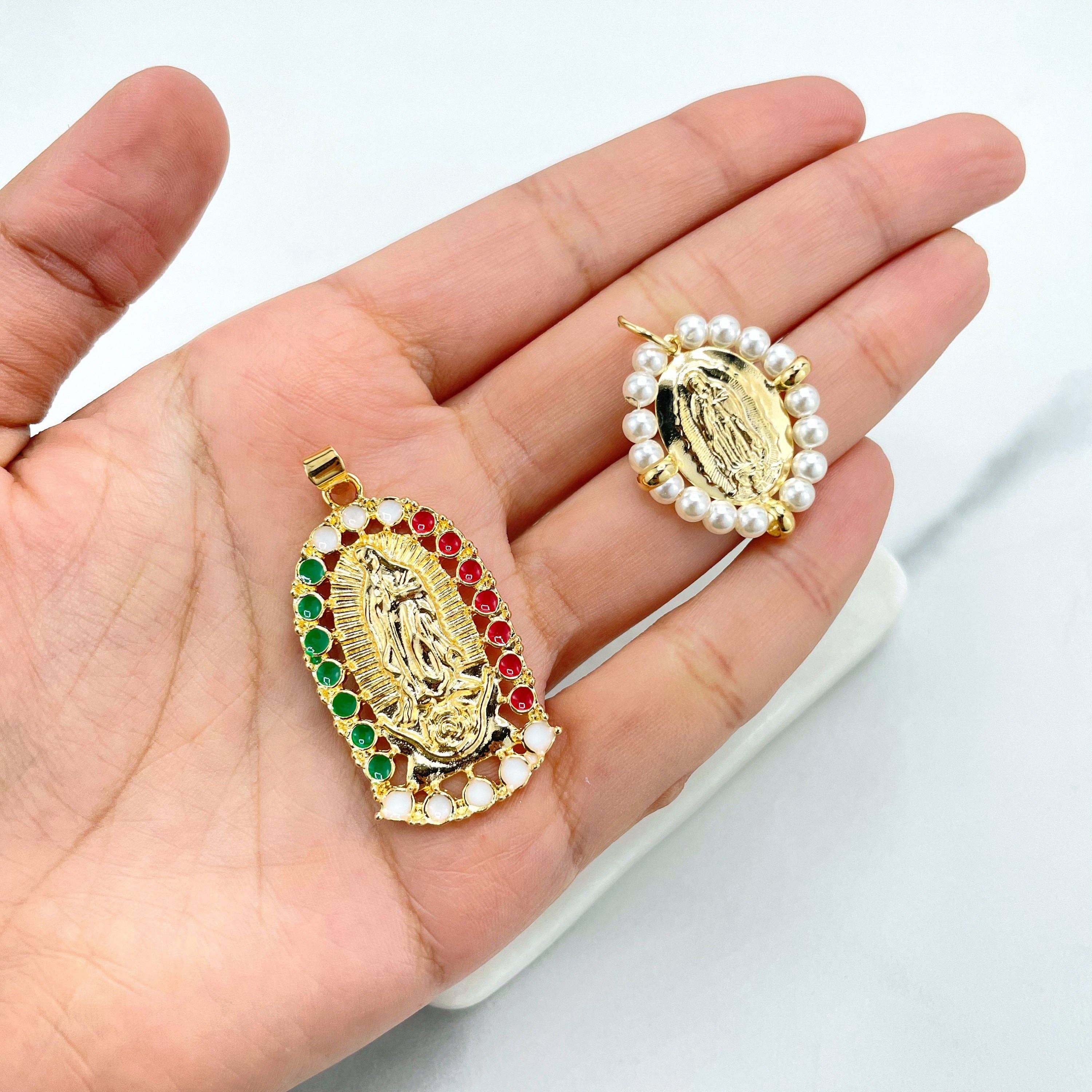 DIJU Jewelry - Vente Breloques/médailles personnalisées - Pendentif en or 18 carats orné d'une médaille représentant la Vierge de Guadalupe, drapeau mexicain de la Vierge de Guadalupe ou pendentif en perles simulées, vente en gros de bijoux4