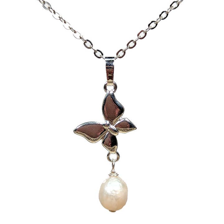 Sterling Silver Solid Butterfly Freshwater Pearl Necklaces 18" for wholesale by Stylish Jewelry Supply