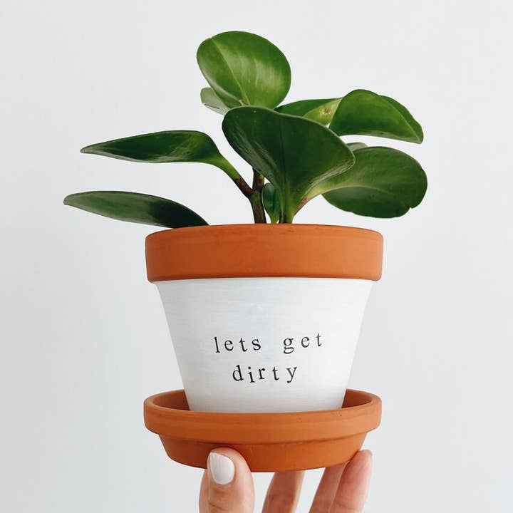 let's get dirty, hand stamped clay planter for wholesale by Rally & Roots