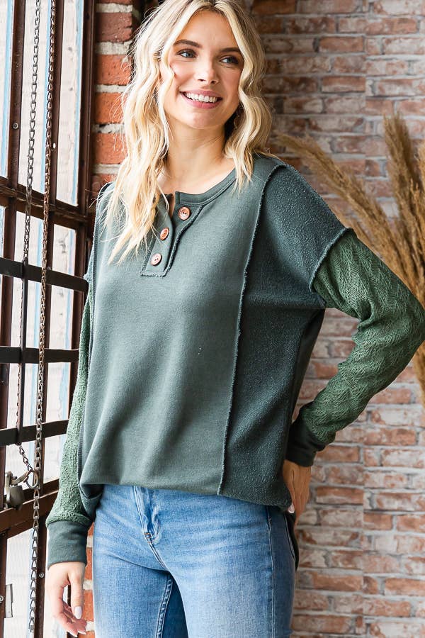 7th Ray - Vente Haut en maille – femme - Haut à manches longues en mélange de coton avec contraste en dentelle et boutons devant T525348