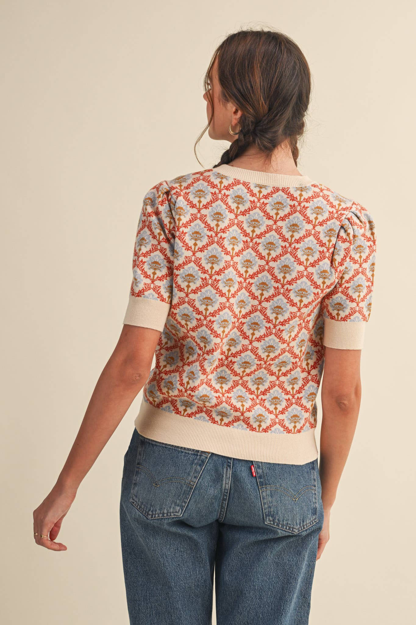 &MERCI - Wholesale Knit Sweater - Women's - FLORAL PATTERN SHORT SLEEVE SWEATER MSW1086051