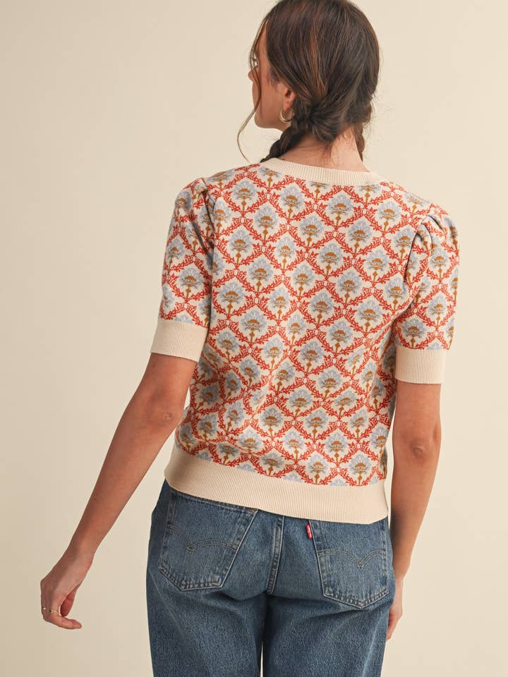 &MERCI - Wholesale Knit Sweater - Women's - FLORAL PATTERN SHORT SLEEVE SWEATER MSW1086051