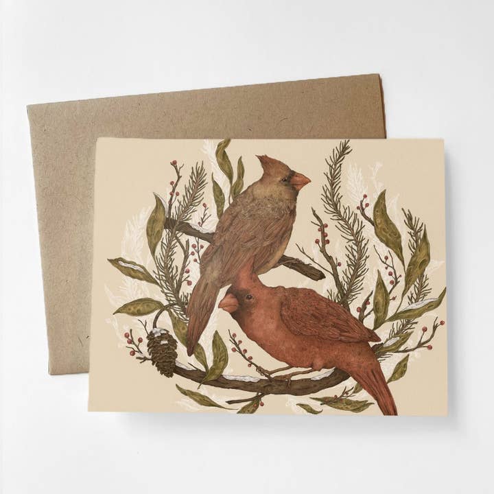 4.25” x 5.5” Wintery Cardinals Greeting Card for wholesale by Jessica Roux Illustration