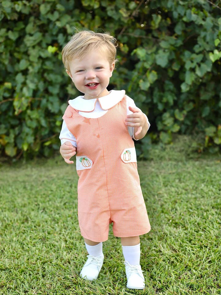 Proper Pumpkins Orange Gingham Shortall and Shirt Set with Pumpkin Embroidered Tabs for wholesale by Posh Pickle