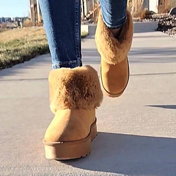 Women's Platform Booties Faux Suede Fur Lining Pull On Cuff Boots Tan Suede for wholesale on Faire6