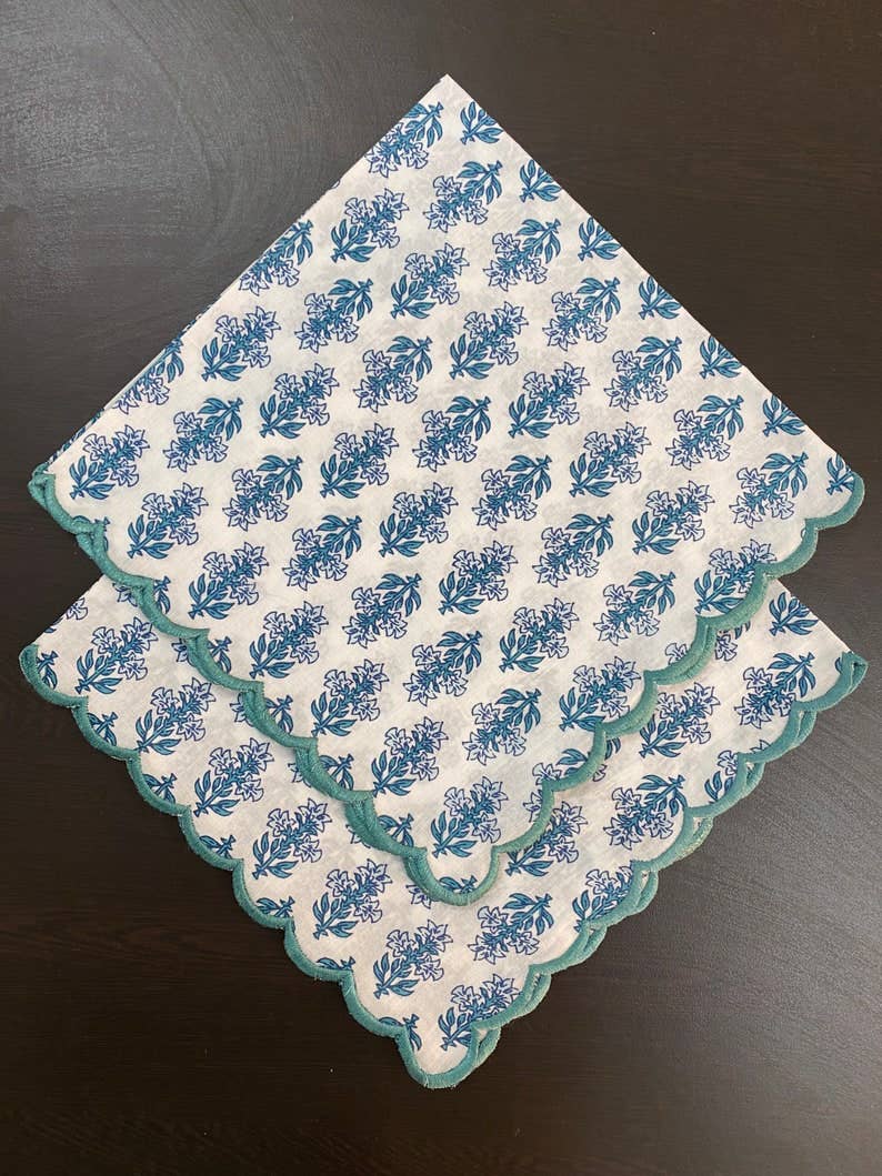 Fabricrush - Wholesale Dinner & Cloth Napkin - Powder Blue Ocean Blue Scalloped Embroidery Cotton Napkins0