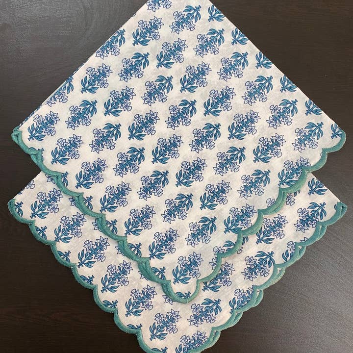 Fabricrush - Wholesale Dinner & Cloth Napkin - Powder Blue Ocean Blue Scalloped Embroidery Cotton Napkins