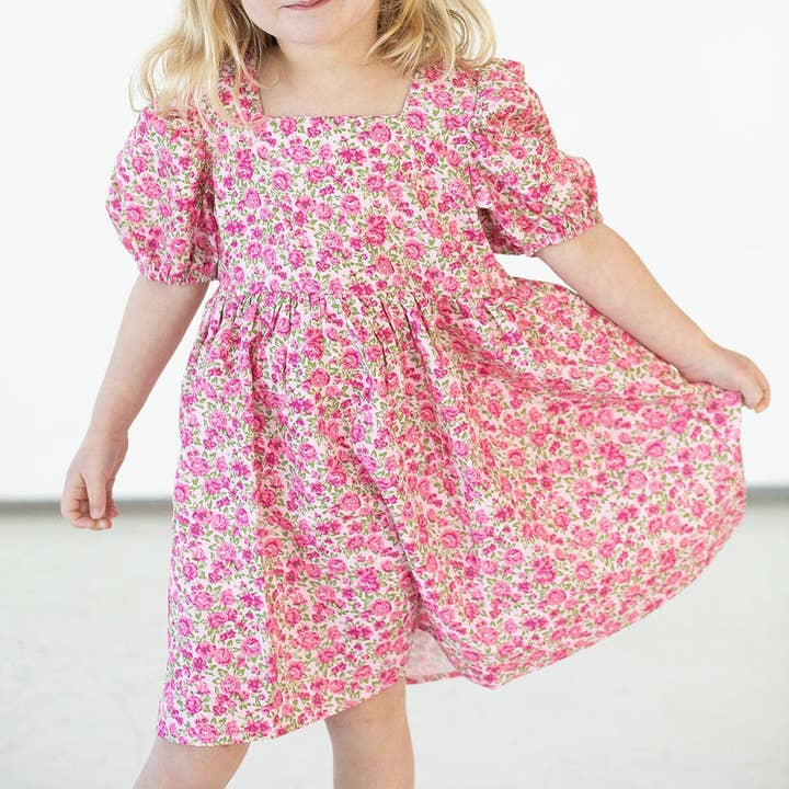 Vestido Girlinho Rosa com Manga Puff de Menina Ditsy Floral Twirl por atacado de cuteheads