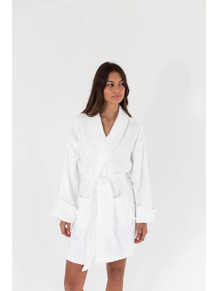 Aegean Apparel - Wholesale Robe - Women's - Solid Zero Twist Short Terry Loop Bathrobe - White2