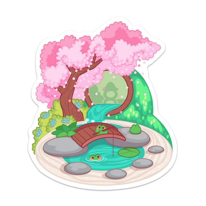 Autocollant en vinyle imperméable Grenouille dans un jardin zen pour la vente par Meowashi Studio