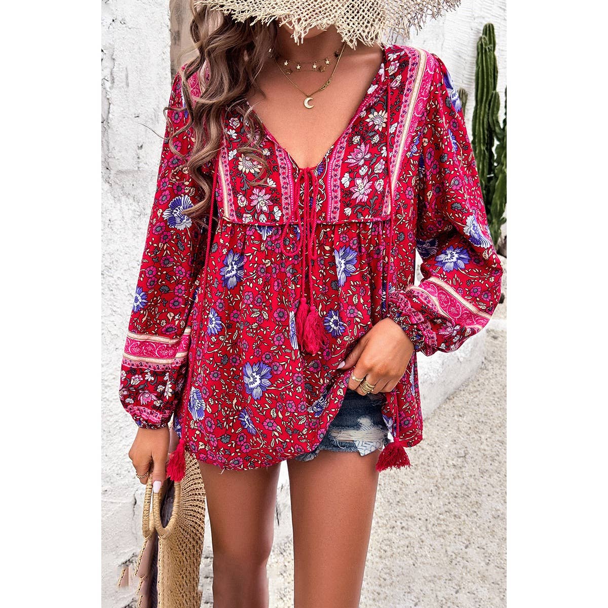 Supreme Fashion – wholesale Blus - Dam – Boho-topp med omslutande blommönster och djup V-ringning11