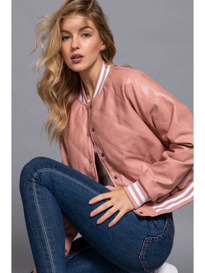Active Basic | Active USA – wholesale Bomber jacket – Women’s – Long Sleeve Quilted PU Faux Leather Bomber Jacket