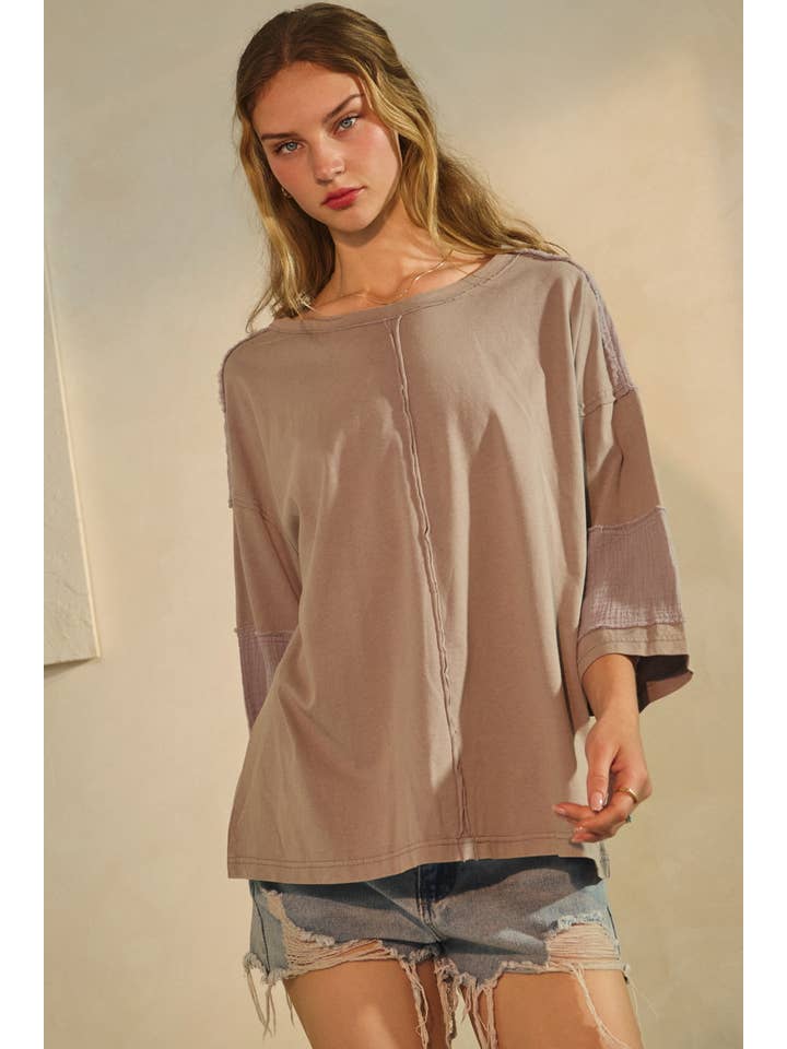 Oddi - Wholesale Blouse - Women's - Plus Acid Washed Mixed Fabric Pullover Top7