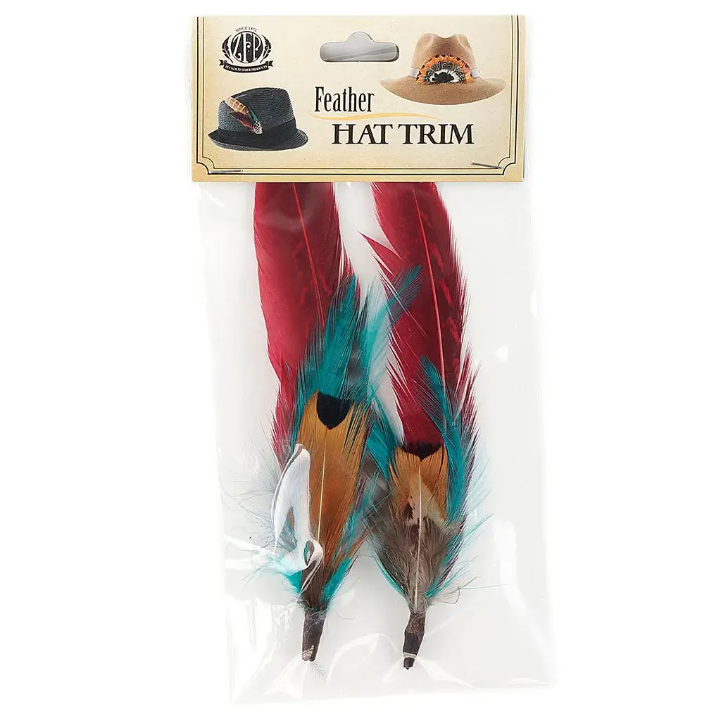 Zucker Feather Products – Acessório de chapéu - Mulher por atacado – Aguarnições do chapéu Phaasant Hackle Feather - Dark Aqua- Vermelho Tango3