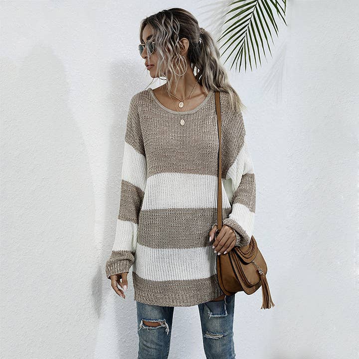 Colorblock-stribet pullover med rund hals for engroshandel hos onatorobi