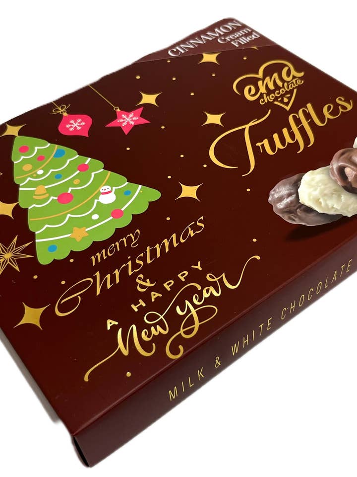Ema Chocolate Milk and White Chocolate Truffles with Cinnamon Cream Filled- Merry Christmas Box - 250g for wholesale by Aladdin