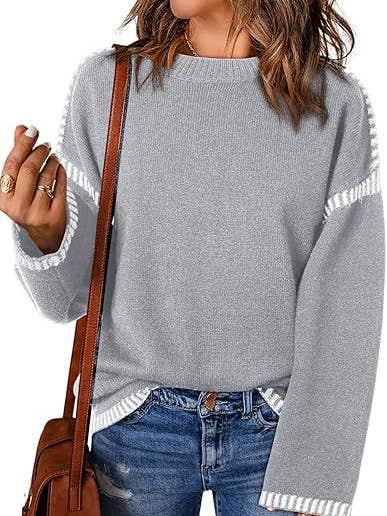 HIDDENBRAND - Wholesale Knit Sweater - Women's - Contrast Trim Cable Knit Pullover Sweater1