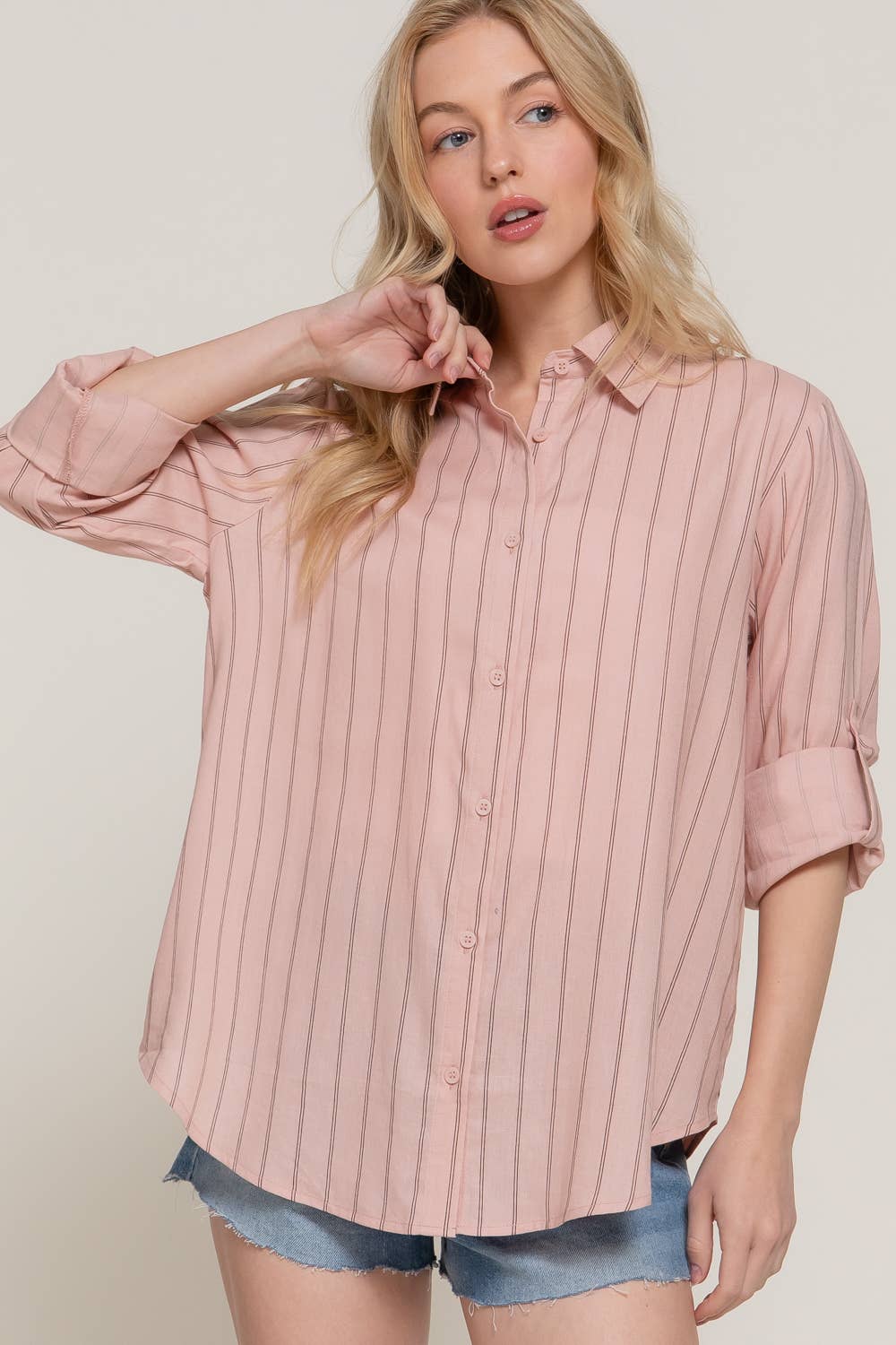 Active Basic | Active USA - Wholesale Button Down Shirt - Women's - Long Sleeve Button Down Stripe Linen Oversized Shirt8