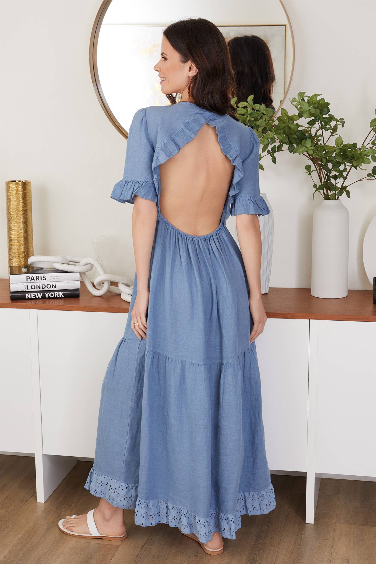 MILIO MILANO – wholesale Dress – Women's – LINEN OPEN BACK TIERED MAXI DRESS (11227/154112-DENIM BLUE)2