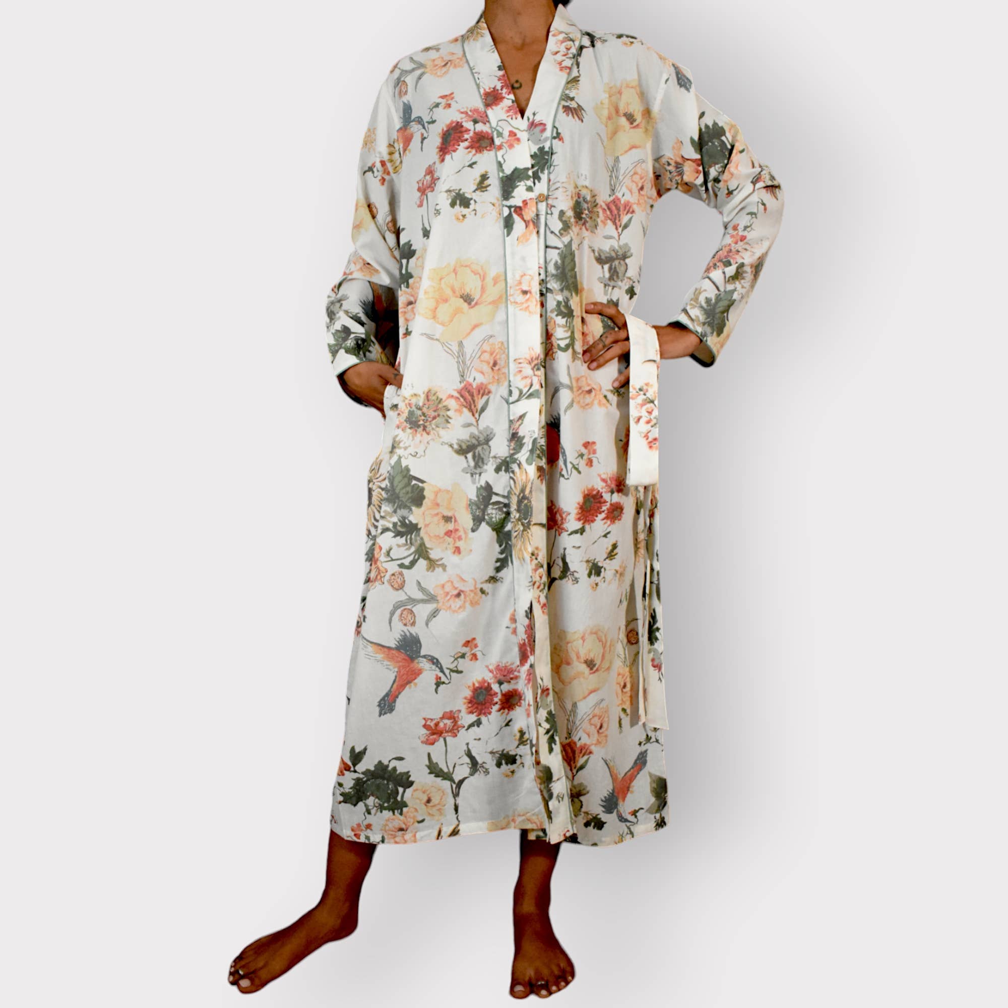 Devi Shop - Wholesale Robe - Women's - Cotton Block Print Robe ~ Blooms White6