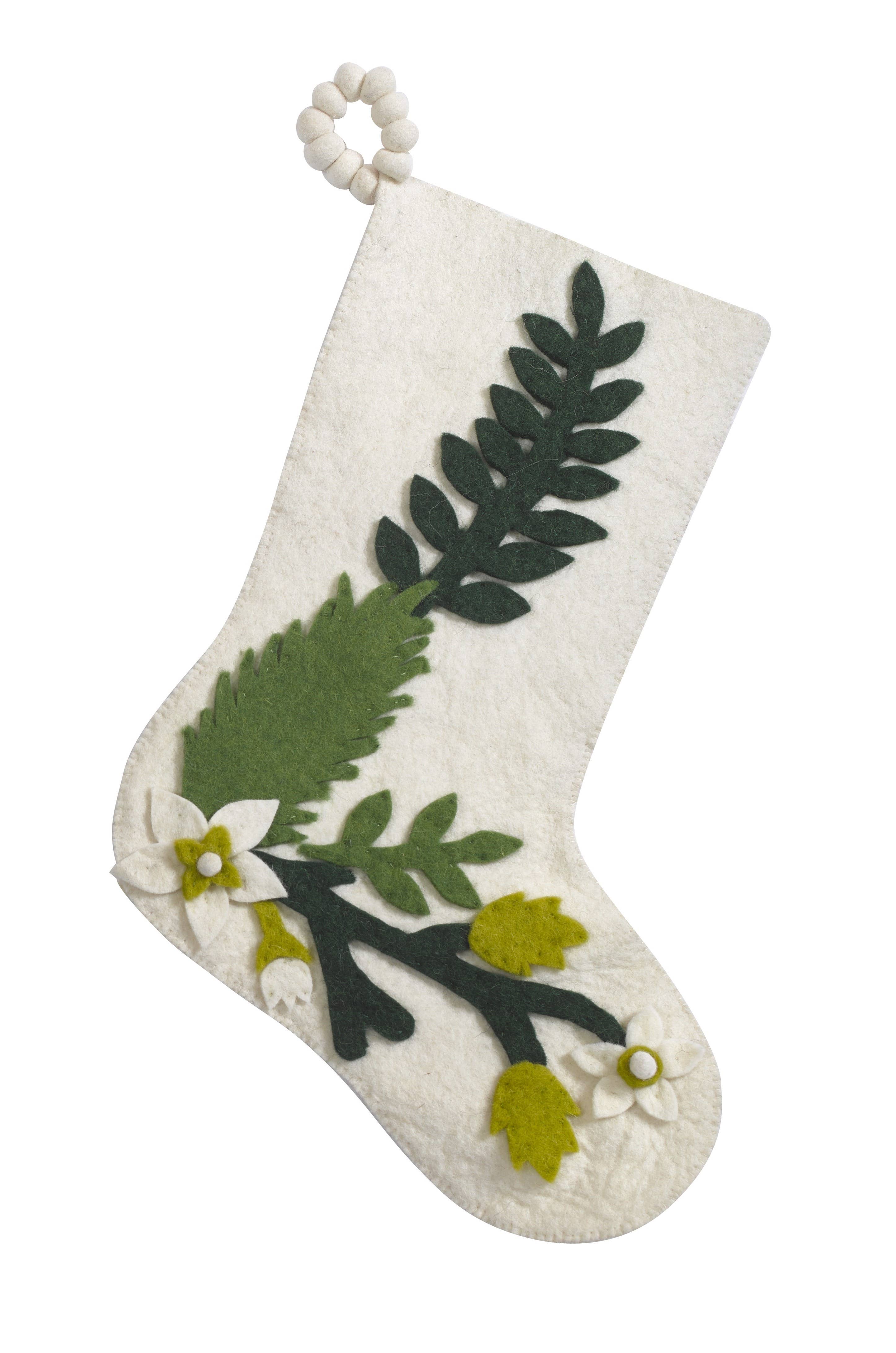 Arcadia Home - Wholesale Holiday Stocking - Green Leaves on Cream Handmade Christmas Stocking, Classic2