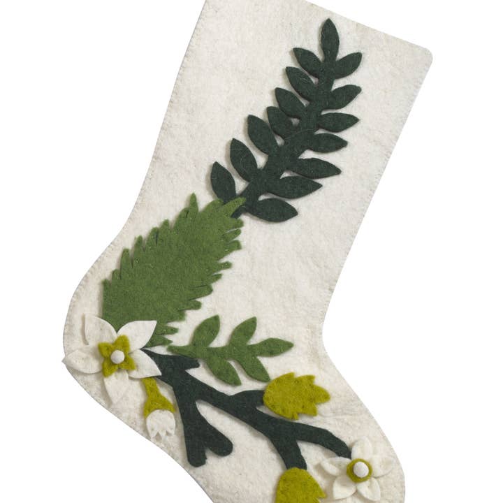 Arcadia Home - Wholesale Holiday Stocking - Green Leaves on Cream Handmade Christmas Stocking, Classic2
