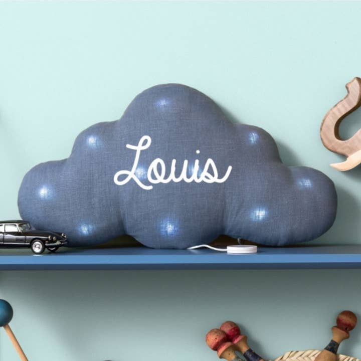 Personalized gray blue linen cloud musical night light for wholesale by oh la la paris