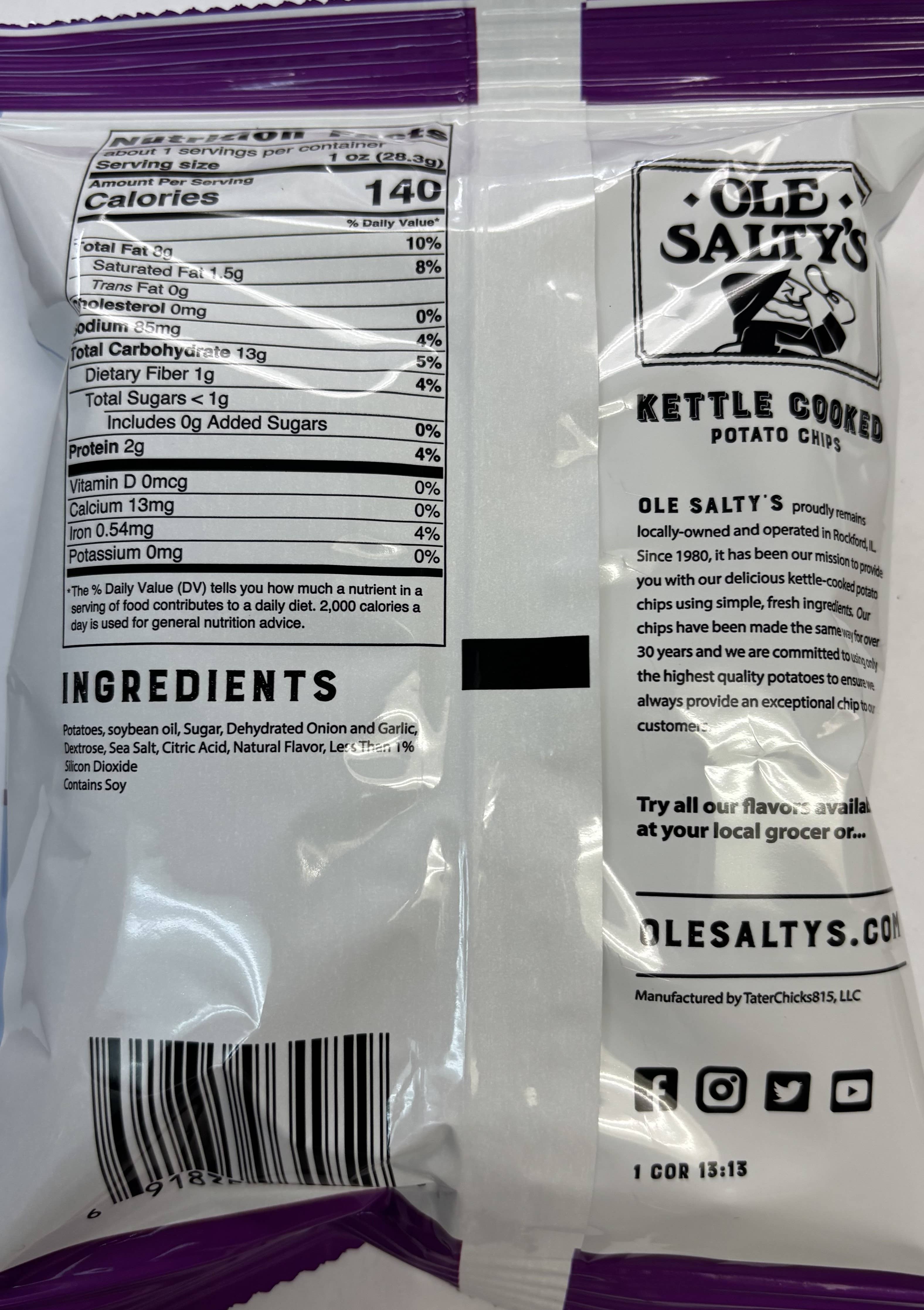 Ole Salty's - Vendita all'ingrosso Patatine - Patatine fritte cotte in pentola al gusto di cipolla dolce di Maui da 1,25 oz1