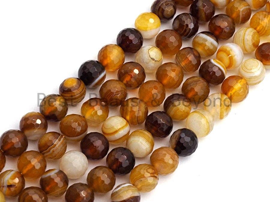 BestBeads&Beyond - Wholesale Beads - High Quality Faceted Brown Yellow Banded Agate beads, 6mm/8mm/10mm/12mm Yellow Agate Gemstone beads, 15.5inch strand, SKU#U4500