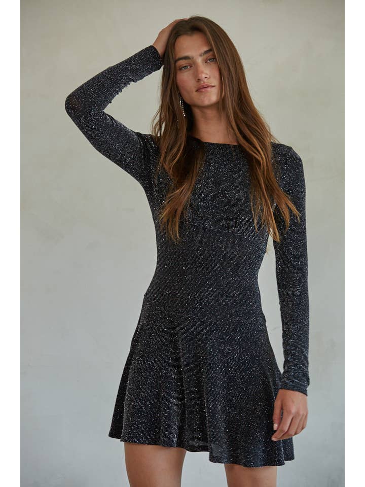 Black RJ3361 | Knit Nylon Metallic Fibres Spandex Lurex Mini Dress for wholesale on Faire1