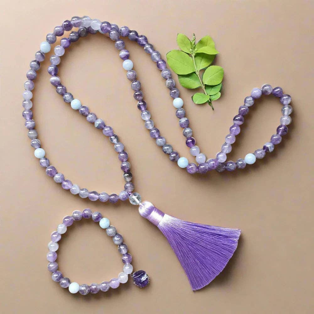 Harmony Mala – Großhandel Gebetskette für den Hals – Amethyst-Mala-Perlenkette mit Quaste – Gelassenheit3
