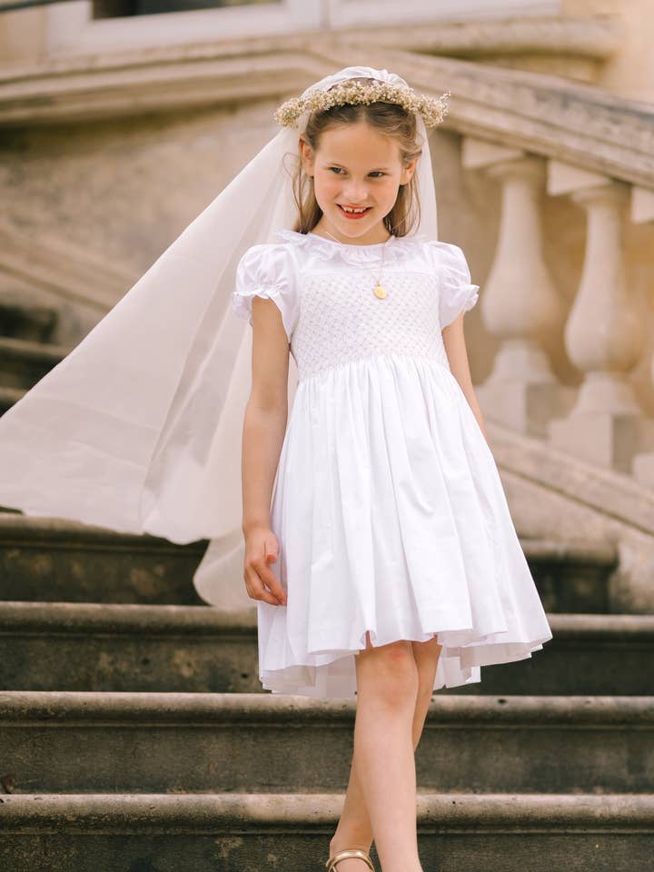 Antoinette Ceremony White Smocked Girl Dress for wholesale by Antoinette Paris