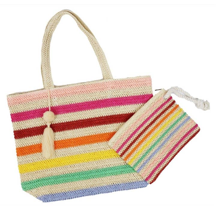 MiMi Wholesale - Wholesale Tote Bag - Women's - Amara Striped Crochet Women's Tote Bag with Tassel7