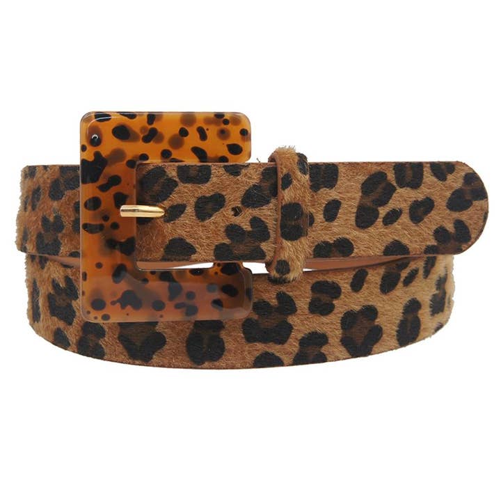 Cognac TORTOISE SQ BUCKLE LEOPARD BELT for wholesale on Faire