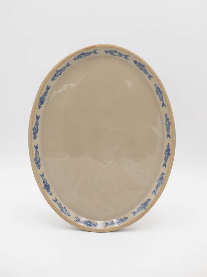Blue Sardine Stamped Ceramic Platter for wholesale by Jars of Dust
