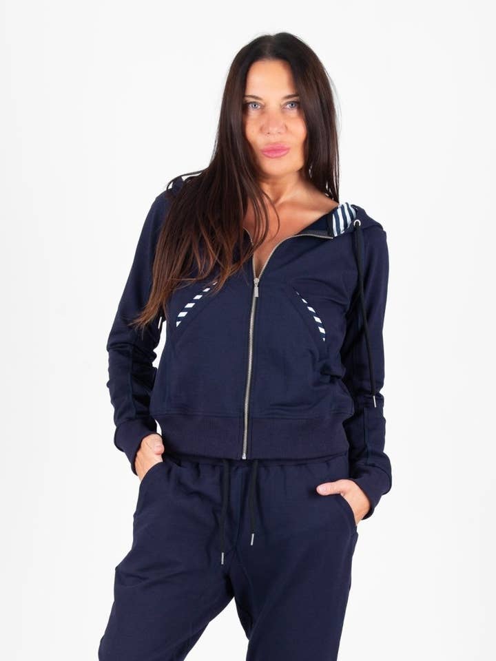 Blue Hooded Zipper Sweatshirt EMILY for wholesale by EUG fashion