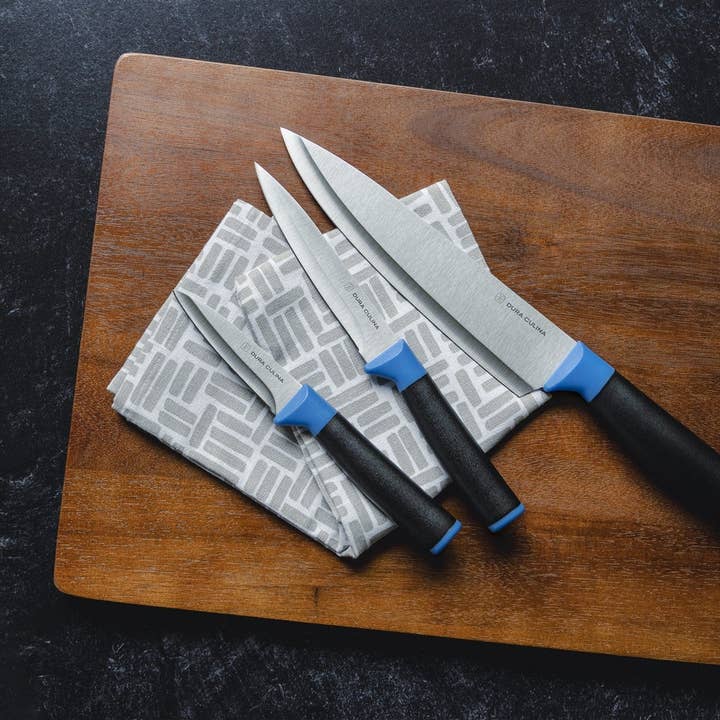 Dura Living LLC - Wholesale Knife Set - Duo-Grip 3 Piece Kitchen Knife Set With Blade Guards, Blue