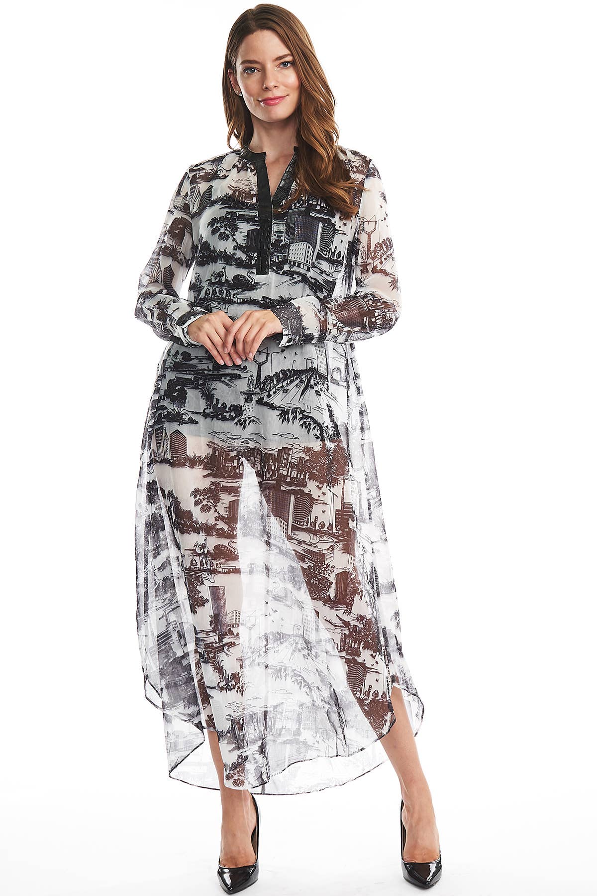 TOV – Engroshandel Tunika - Dame – [OP4162] Faux læder Trim Trykt Sheer Tunika0