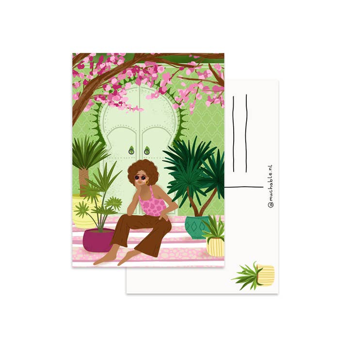 Vykort - illustration av kvinna på trappan med växter sommar/vår för wholesale av Muchable