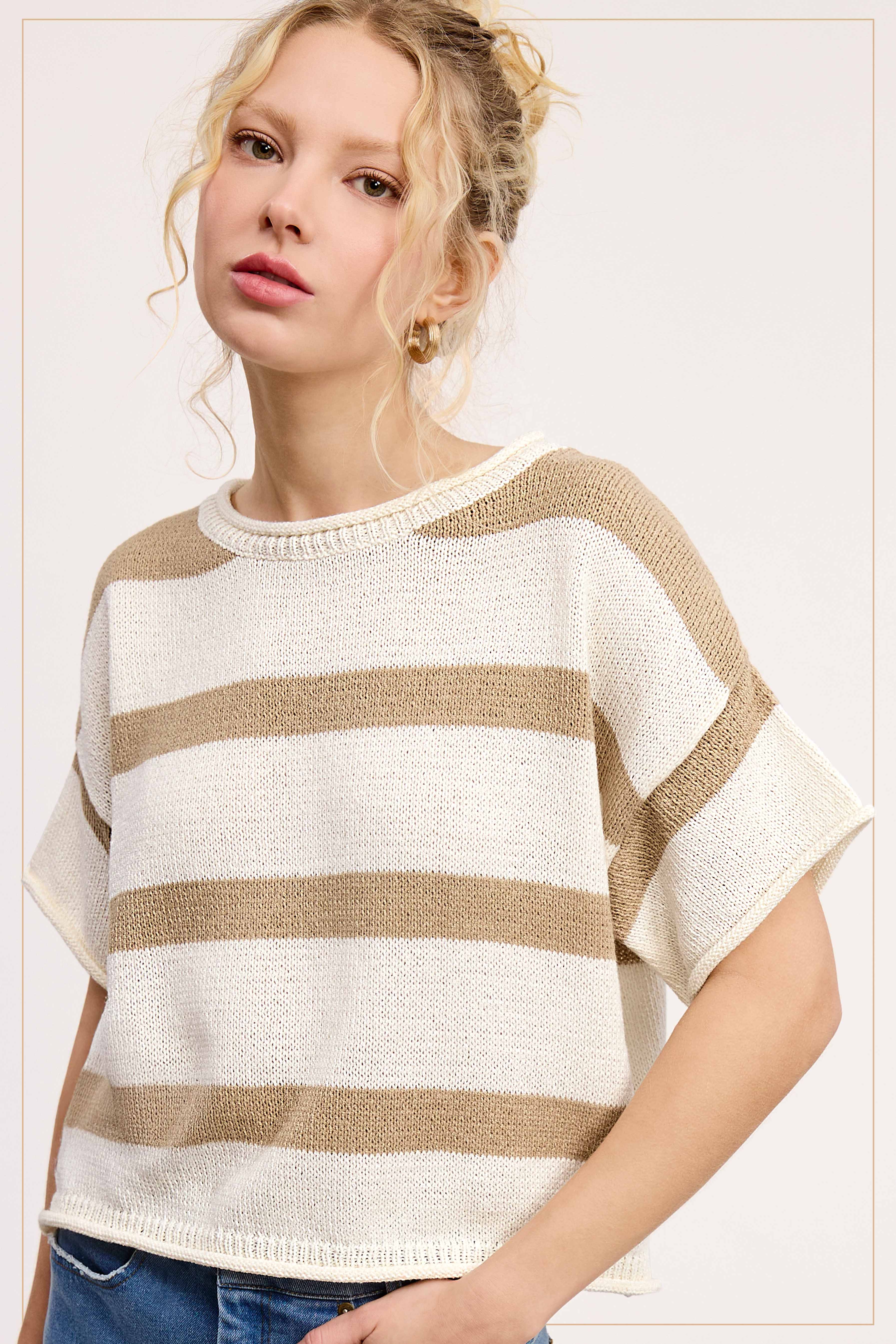 La Miel - Vendita all'ingrosso Maglione tricot - Donna - MCS3579-Boxy Silhouette Maglione Leggero A Righe6