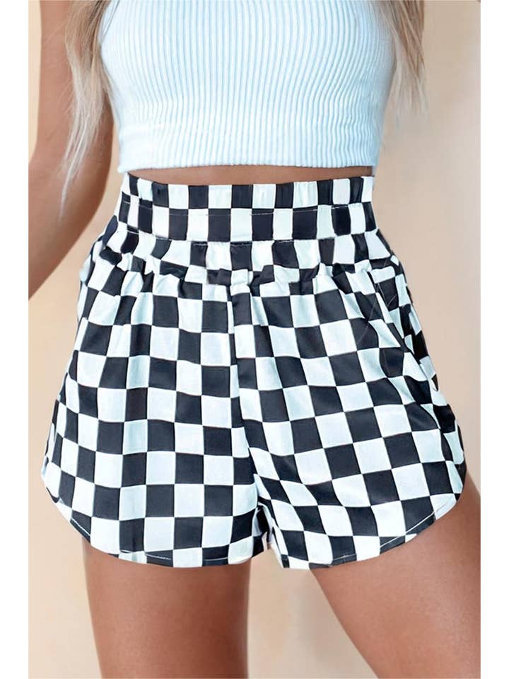 LA Society - Wholesale Shorts - Women's - Checkered Print High Waist Casual Shorts