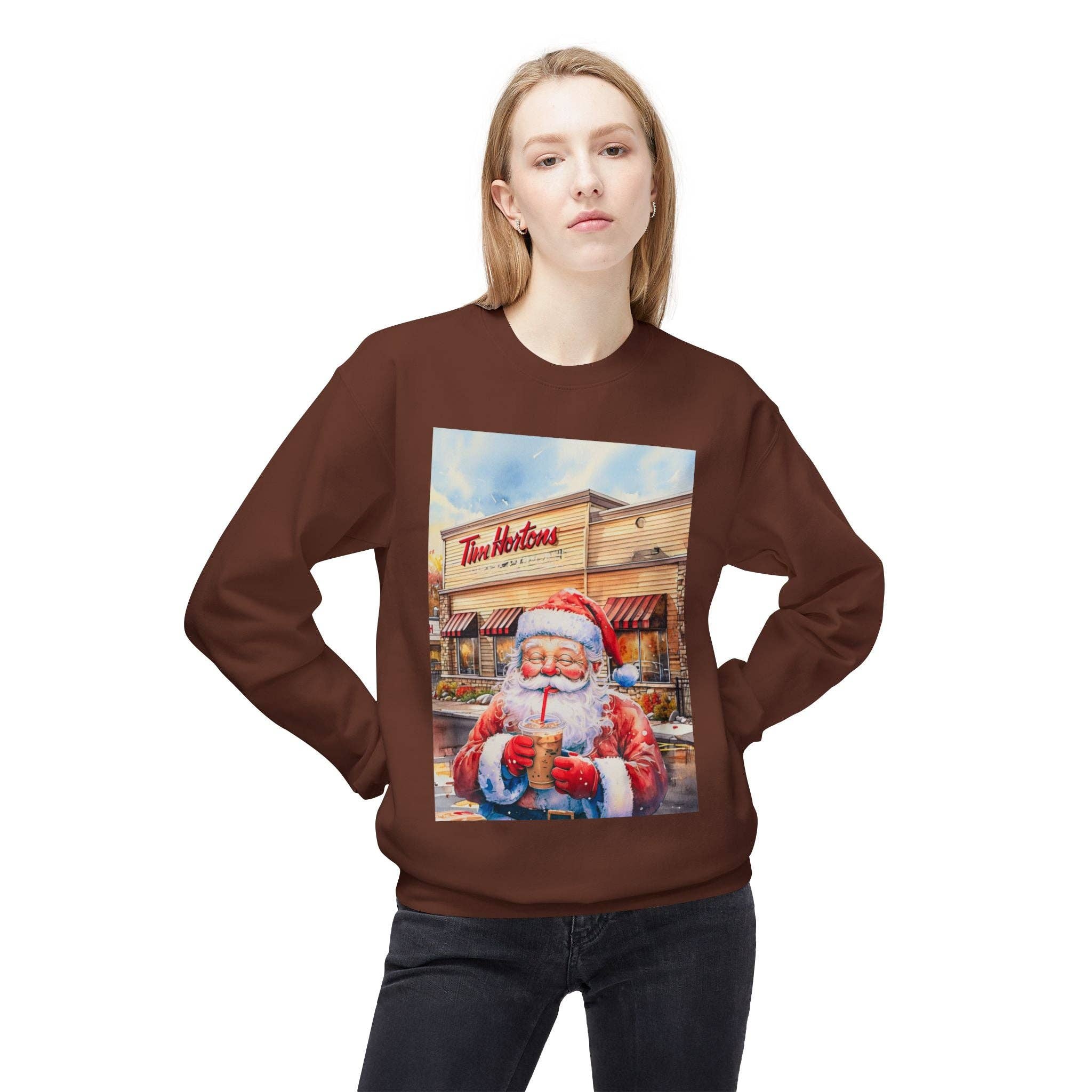 Buffalovely - Wholesale Graphic Sweatshirt - Women's - Santa with an Iced Coffee at Tim Horton's Cozy Unisex Christmas Crewneck Sweatshirt10