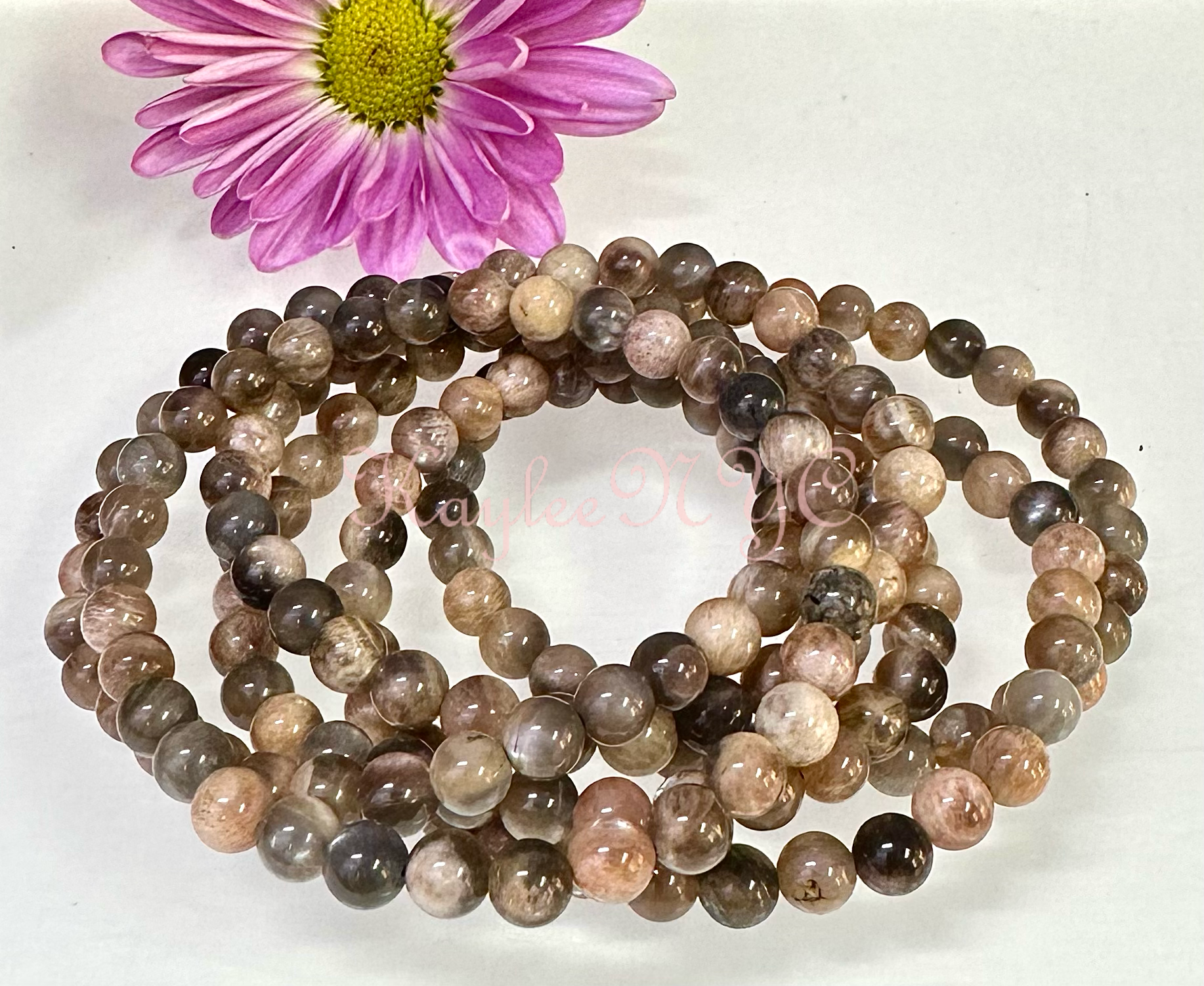 KayleeNYC - Vendita all'ingrosso Bracciale con perline - Bracciale elastico in pietra di luna nera naturale 6mm 7,5”1