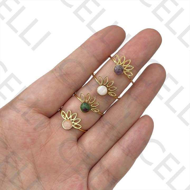 Celli Biju - Wholesale Band/Stacked Ring - Steel Ring - Lotus Flower with Natural Stone2