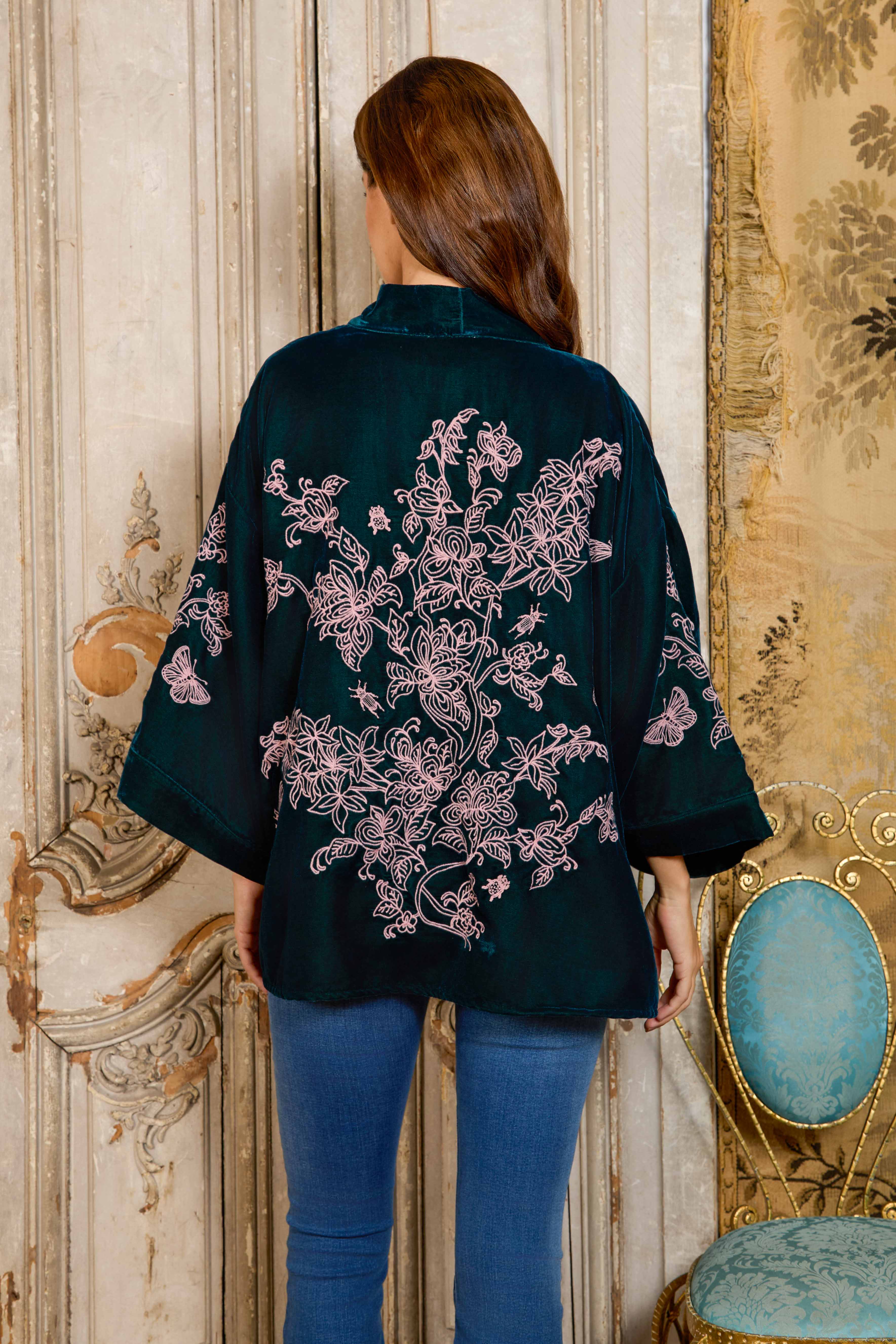 Artemis Muse - Wholesale Kimono - Women's - Wild Flowers & Butterflies Teal & Pink Velvet Embroidered Short Kimono5