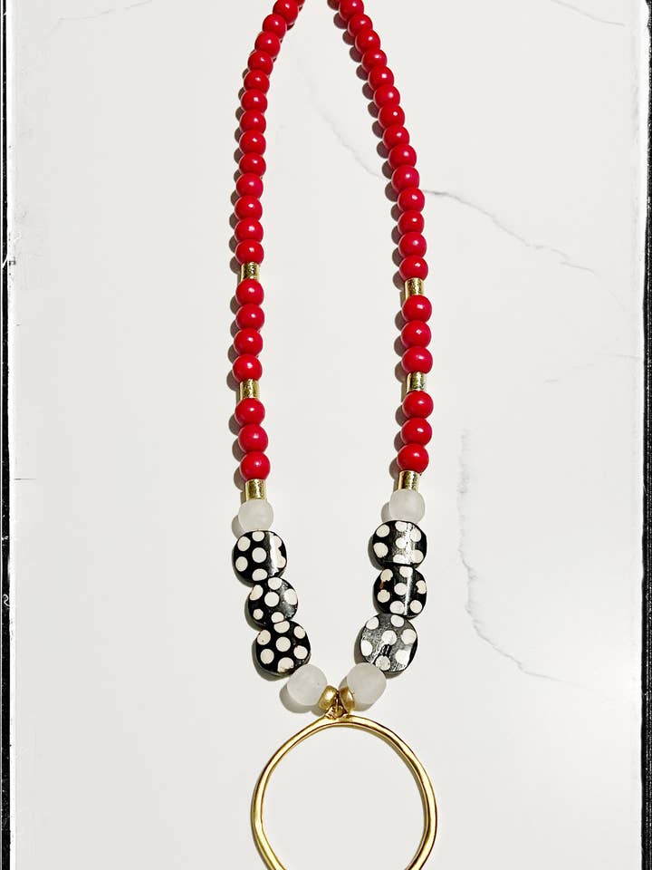 Red Wood Glass & Bone Bead Long Necklace Brass Pendant for wholesale by GentrybyJenna