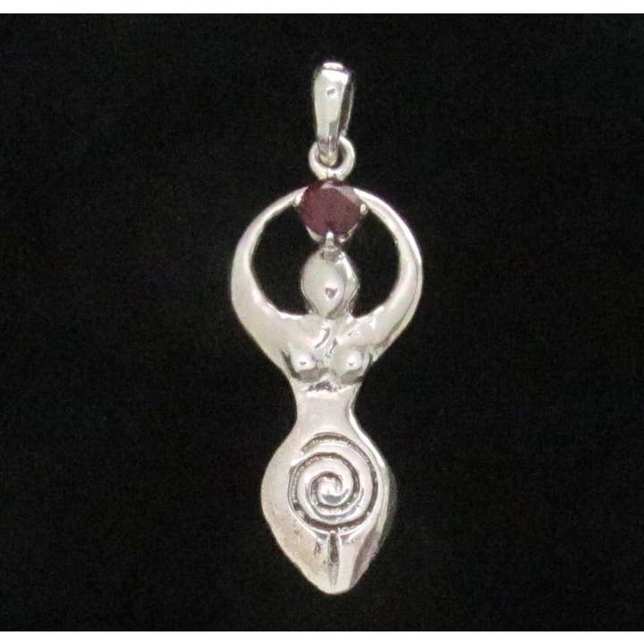 Sterling Silver Goddess Spiral with Garnet-Medium Pendant for wholesale by Zeppo Merchandisers Inc