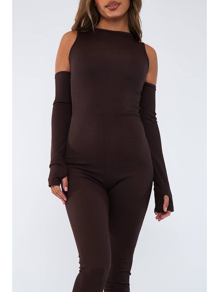 Chocolate Rib Cut Out Shoulder Thumb Hole Jumpsuit - Mel for wholesale on Faire